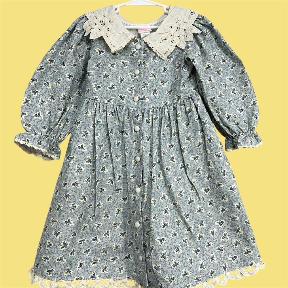 Vtg‎ 90s Cottagecore Girls Dress Sz 5 Blue Floral Prairie Lace Collar Easter